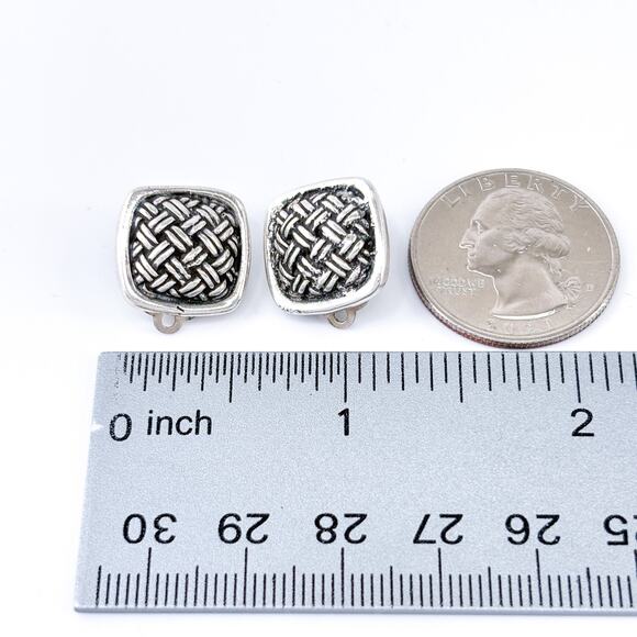 Vintage Sterling Silver 925 1.5cm Textured Basketweave Clip-On Earrings - Picture 8 of 8